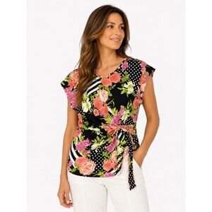 Notations Blouse Womens Medium Black Floral Polka Dot Striped Side Knot Top‎